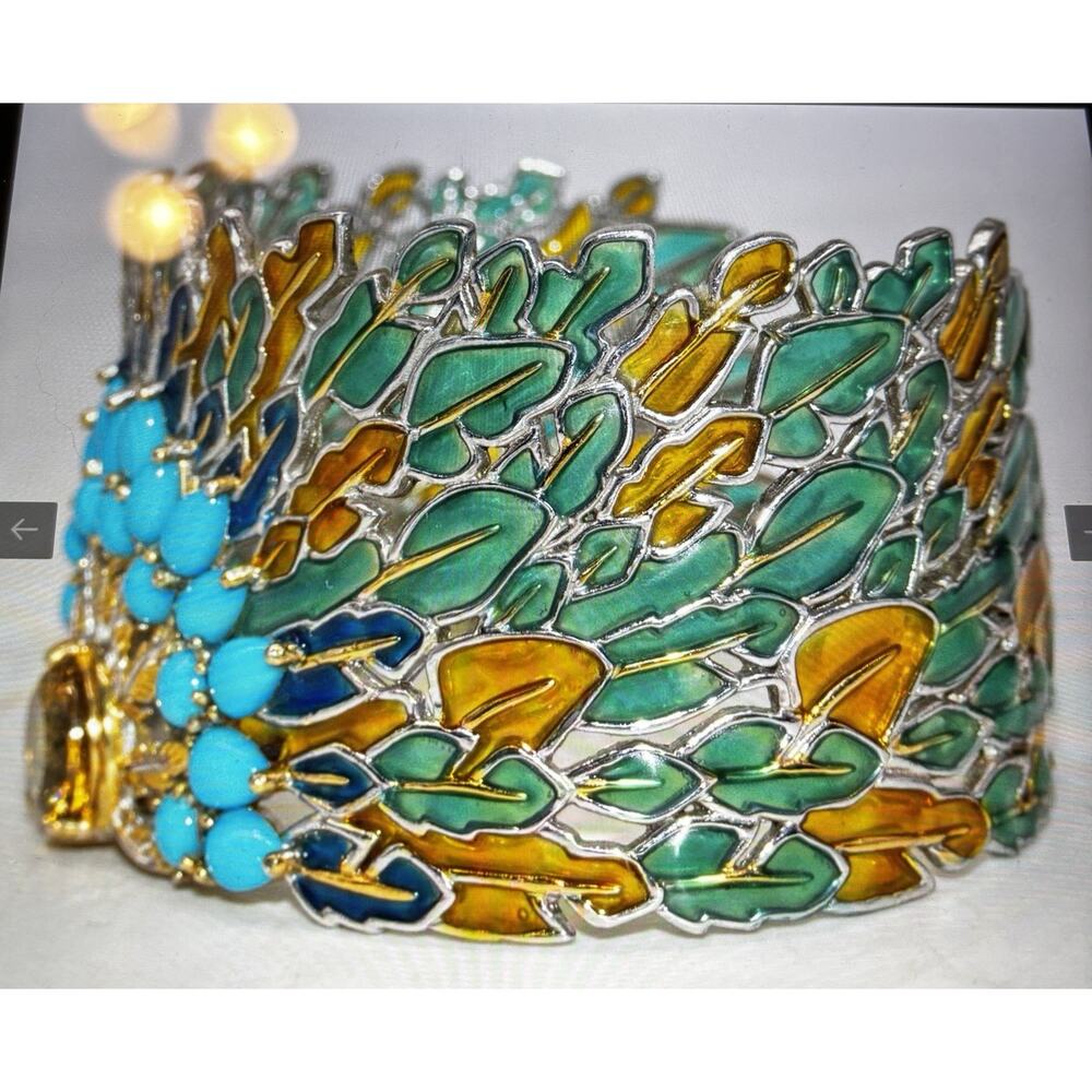 Plique a Jour Enamel/Turquoise/Citrine/Sterling CUFF/BRACELET Signed NH - Picture 5 of 5